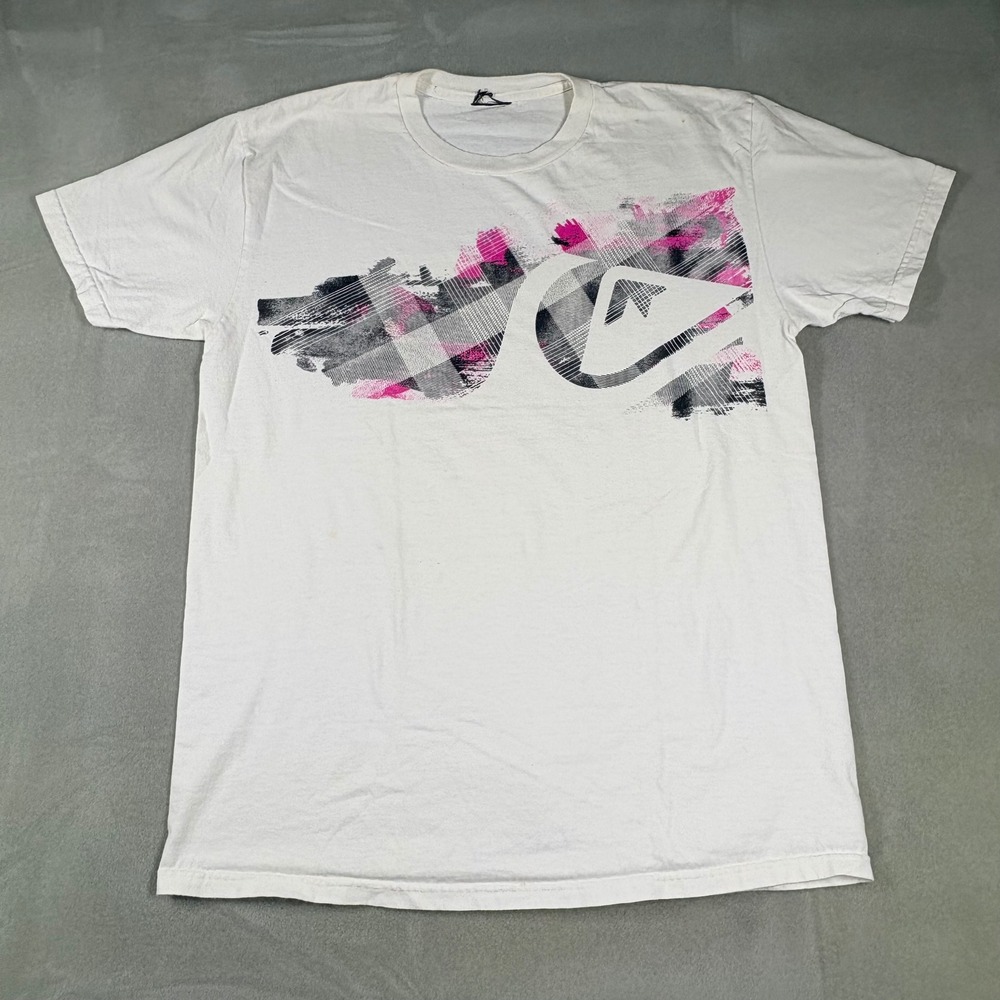 Vintage Quiksilver Y2K Graphic T-Shirt Mens White Pink Plaid Logo Skate Surf L